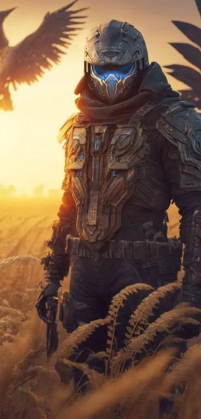 Futuristic armored warrior standing in a golden field at sunset.