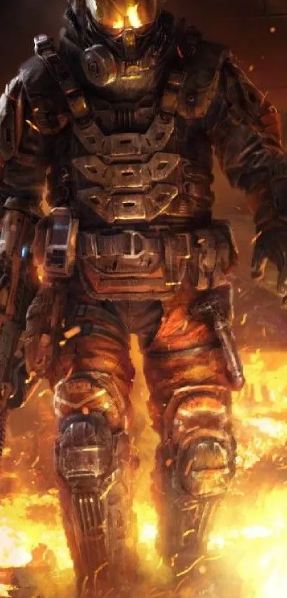 Armored futuristic warrior in a fiery background, perfect for mobile screens.