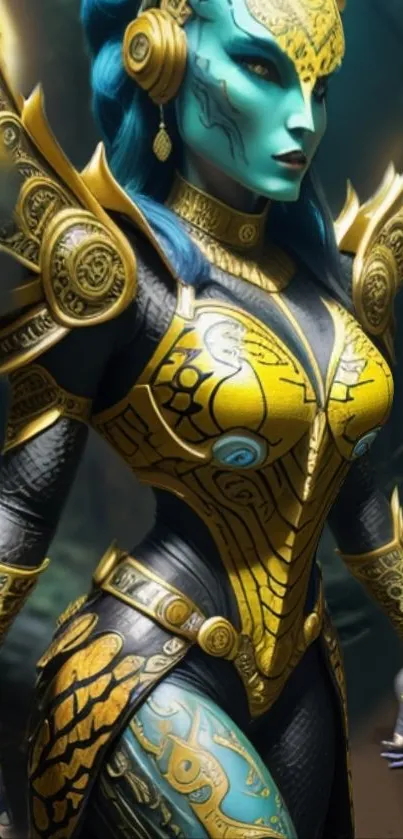 Futuristic warrior in gold armor with blue accents, stunning mobile wallpaper.