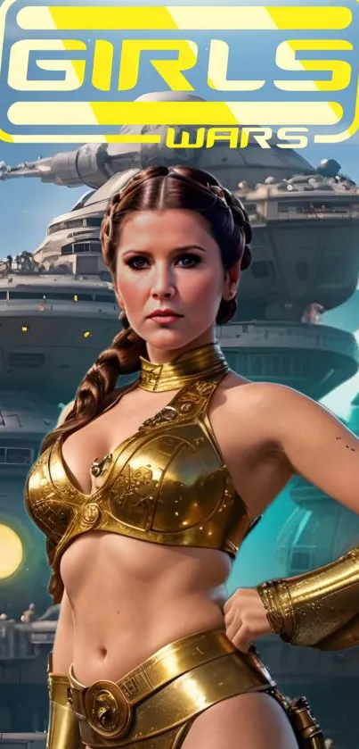 A futuristic warrior in golden armor with a spaceship backdrop.