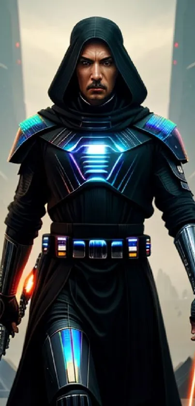 Futuristic warrior in neon accented armor with hood on mobile wallpaper.