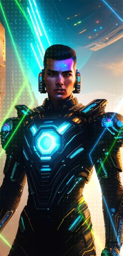 Futuristic warrior illuminated by neon light, set in a sci-fi landscape.