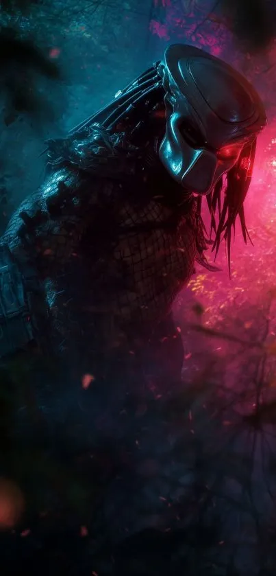 Mysterious futuristic warrior in neon-lit scene with dark blue background.