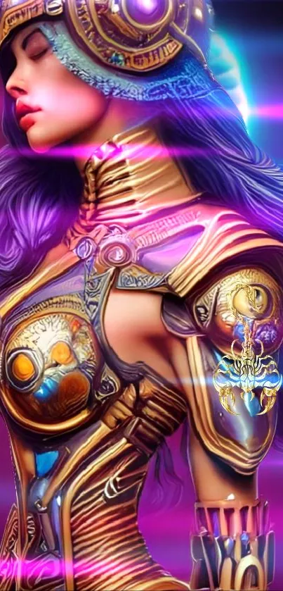 Futuristic neon-clad female warrior in vibrant armor against a purple background.