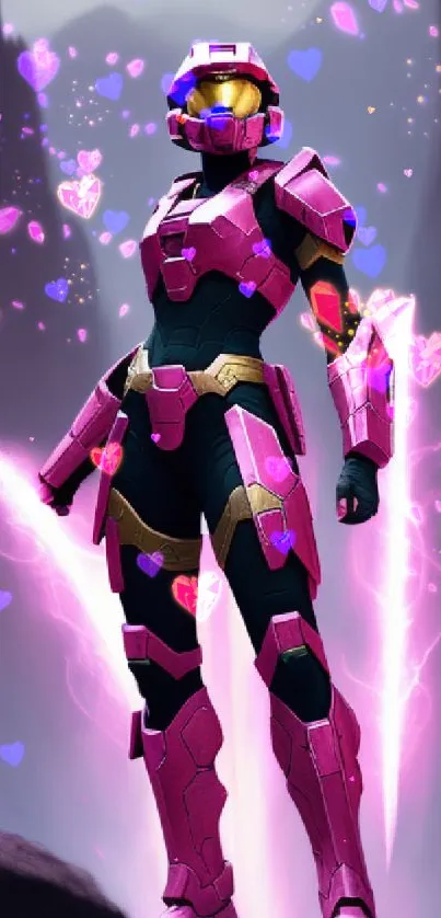 Futuristic warrior in pink armor stands boldly in a mystical mountainous setting.