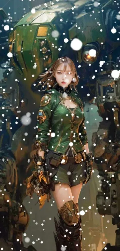 Futuristic female warrior in snow with robots in a green and brown setting.