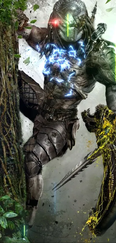 Futuristic warrior in jungle setting.