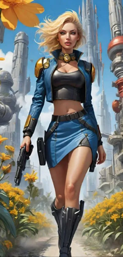 Futuristic city with a female warrior in sci-fi attire and vibrant flowers.