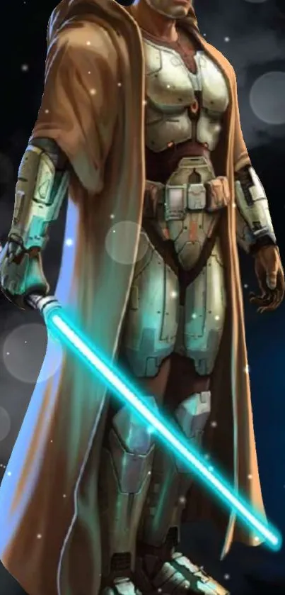 Futuristic warrior with blue lightsaber against a starry galaxy background.