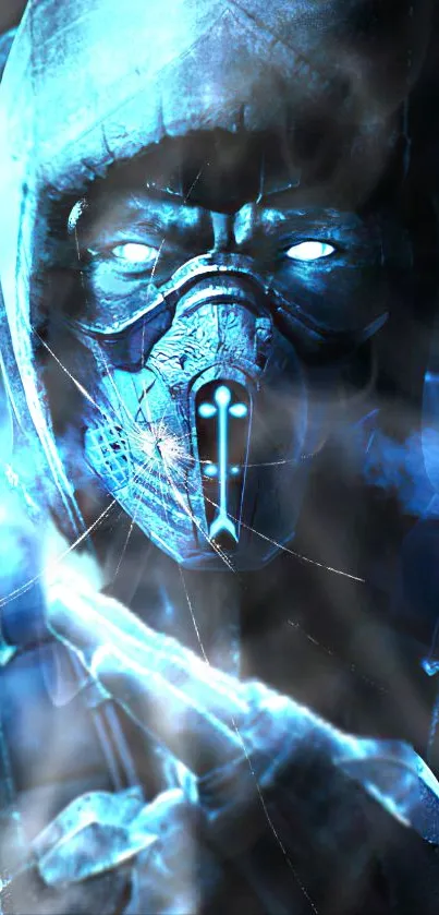 Futuristic masked warrior in electric blue.