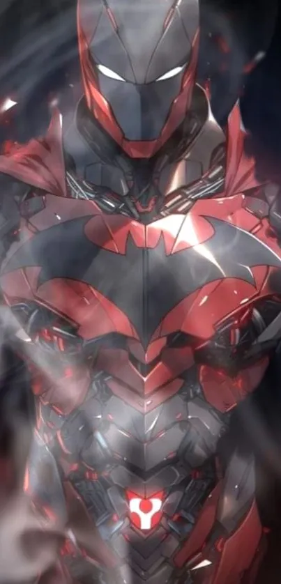 Futuristic warrior in red and black armor with a mystical aura.