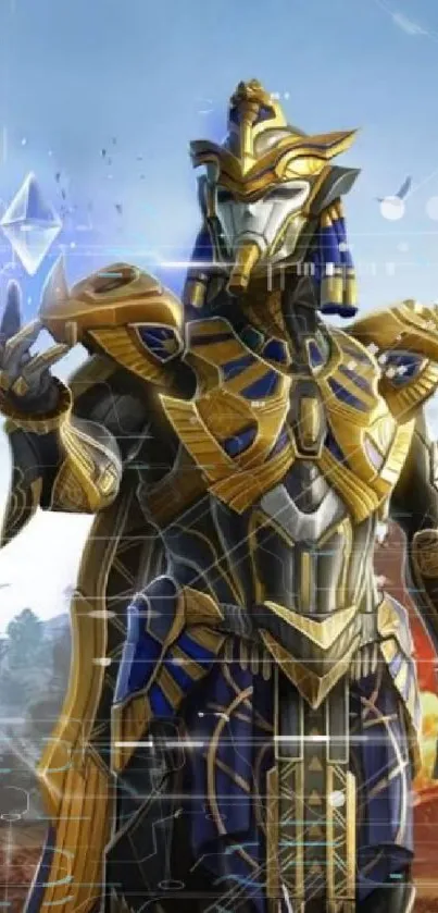 Futuristic warrior in gold armor with blue accents, holding a crystal.