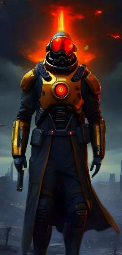 Futuristic warrior in orange armor with glowing background.