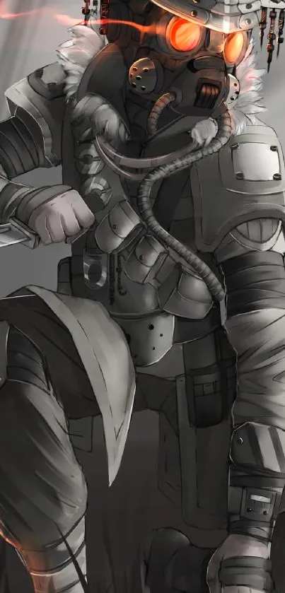 Futuristic warrior with glowing eyes in gray armor on mobile wallpaper.