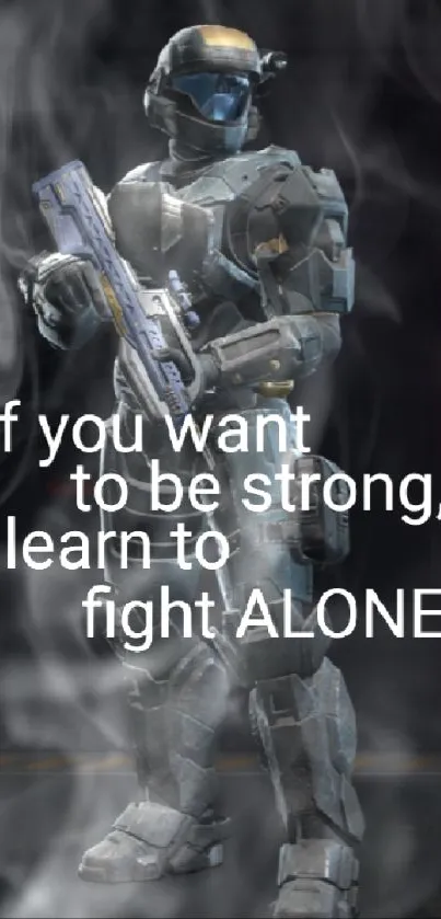 Futuristic warrior in armor with motivational quote.