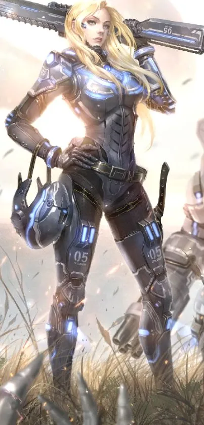 Futuristic female warrior in detailed armor with a robotic ally.