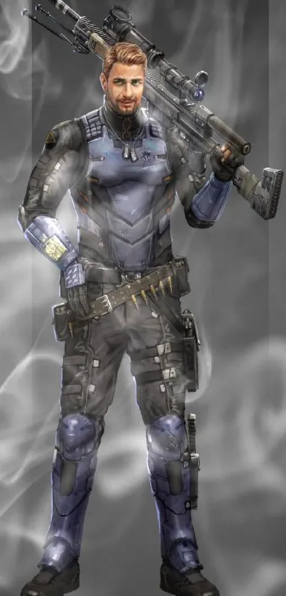 Futuristic warrior in advanced armor holding a sniper rifle on gray background.