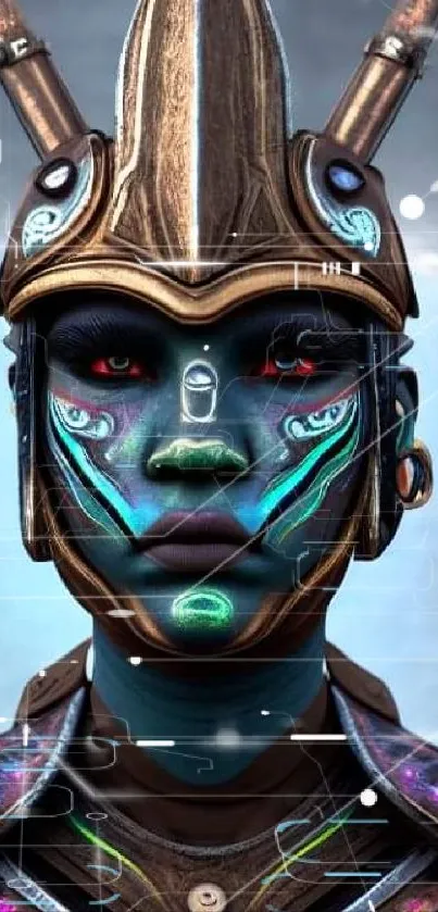 Futuristic armored warrior with vibrant face paint in teal and metallic hues.