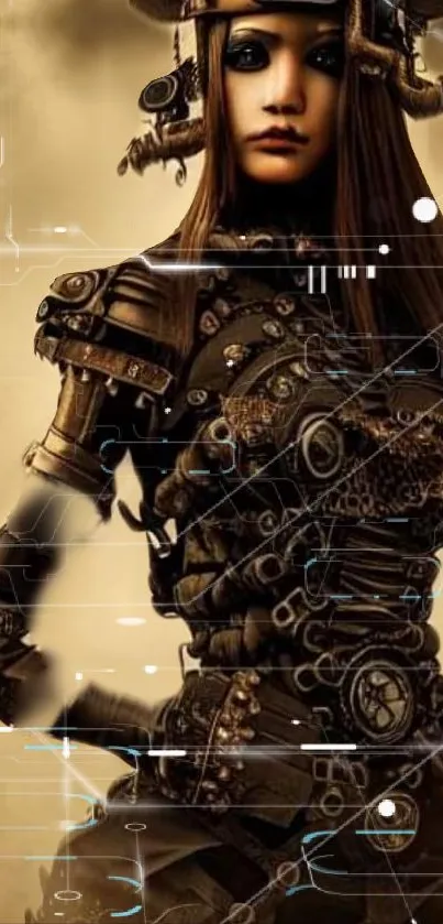 Steampunk warrior in intricate armor with a futuristic vibe.