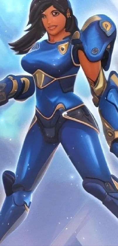 Futuristic female warrior in blue armor on digital wallpaper.