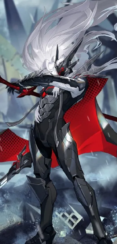 Futuristic warrior with red cape wielding a sword in a dynamic pose.