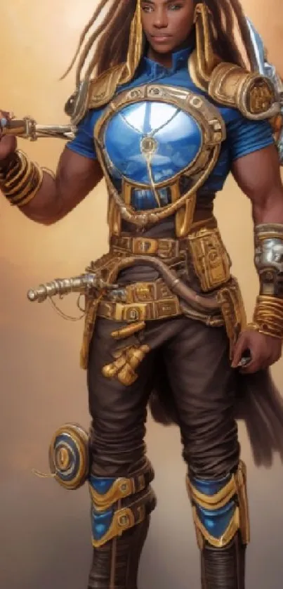 Futuristic warrior with detailed armor in a golden and blue color scheme.