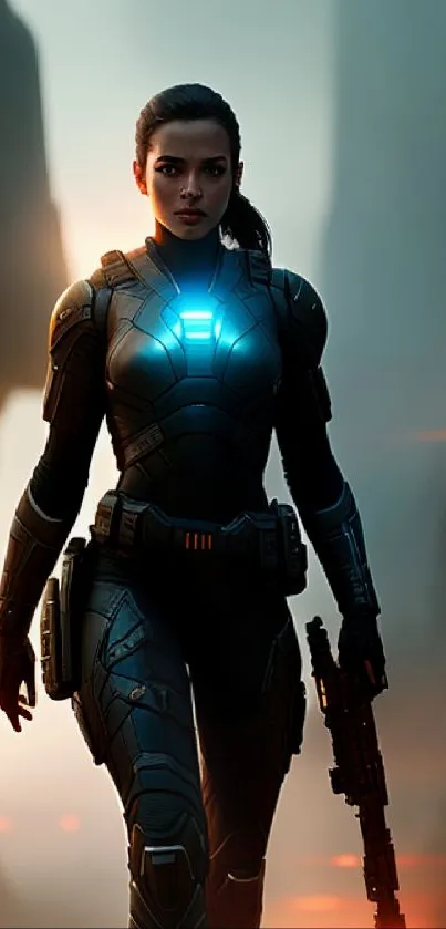 Futuristic female warrior in advanced armor, ready for action.