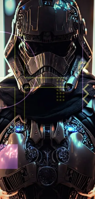 Futuristic armored warrior with glowing elements on dark background.