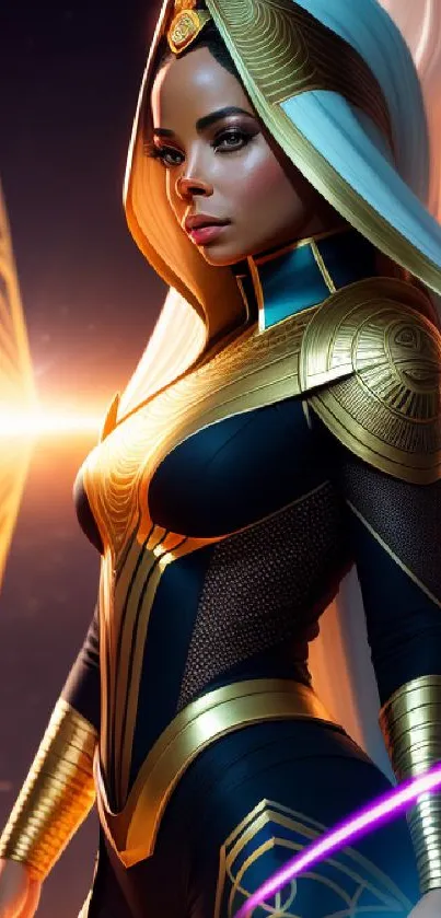 Futuristic warrior in gold armor with glowing elements.