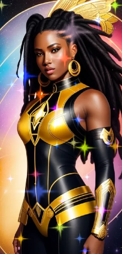 Futuristic warrior in golden armor with cosmic background.