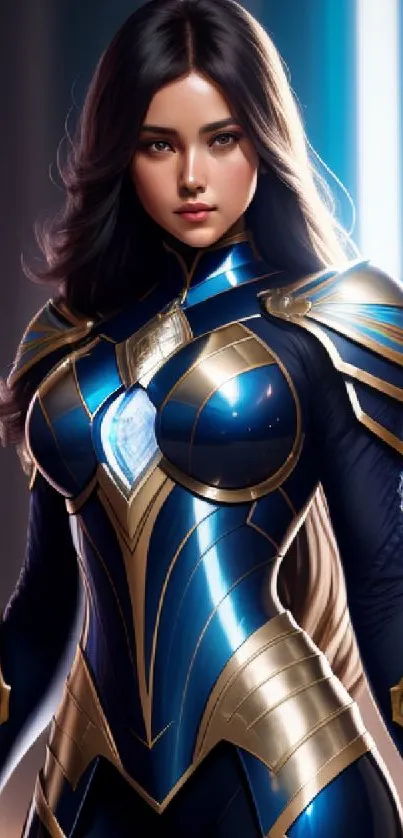 Futuristic warrior in blue and gold armor, standing against a blurred background.