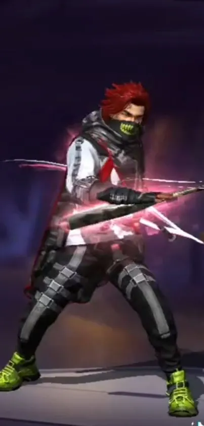 Futuristic warrior with red hair and neon weapons on dark purple background.