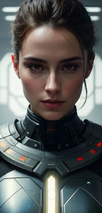 Futuristic warrior in sleek armor mobile wallpaper.
