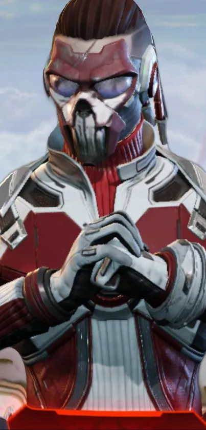 Futuristic warrior with red armor and mask in a sci-fi setting.