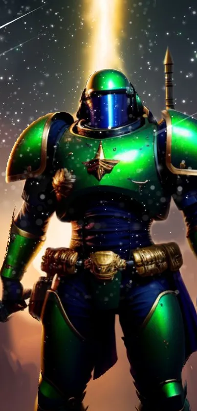 Futuristic warrior in green armor with cosmic background.