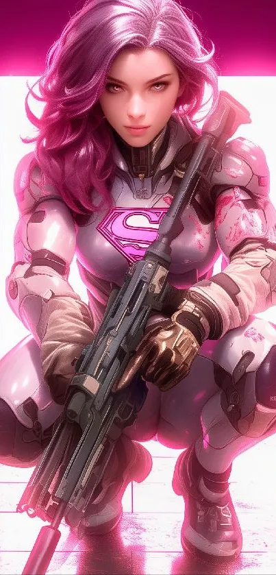 A futuristic female warrior in pink armor holding a weapon, set against a vibrant background.
