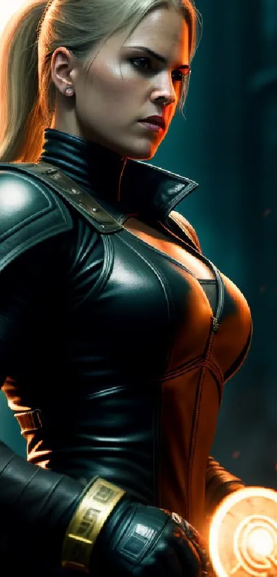 Futuristic female warrior with glowing weapon and armor in dark setting.