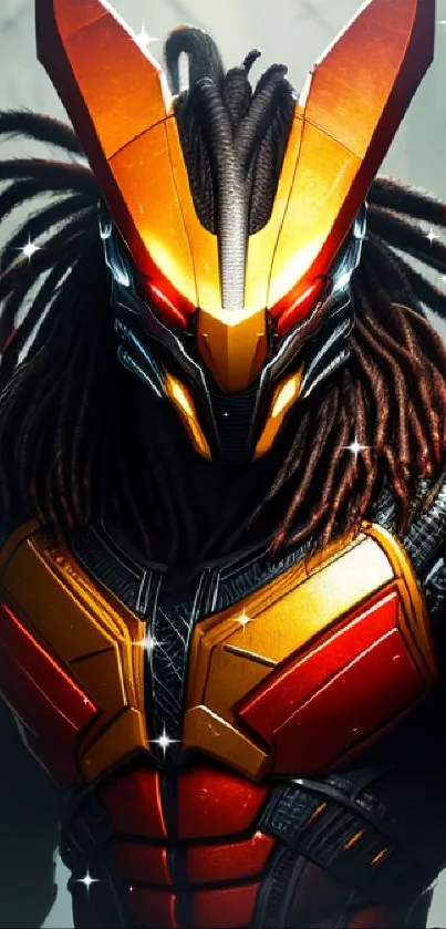 Futuristic warrior in orange armor with bold details and sci-fi elements.