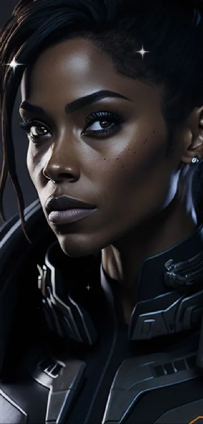 Futuristic warrior in sleek armor with dark backdrop, perfect for mobile screens.