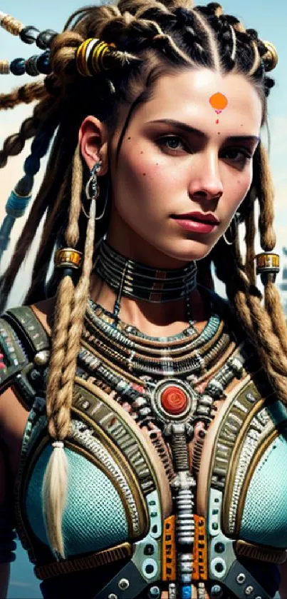 Futuristic female warrior with braided hair and intricate armor in a digital artwork.