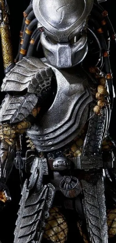 Futuristic warrior in intricate armor, black background.