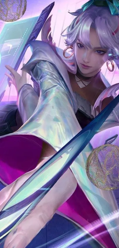 Futuristic warrior with vibrant colors in action pose.