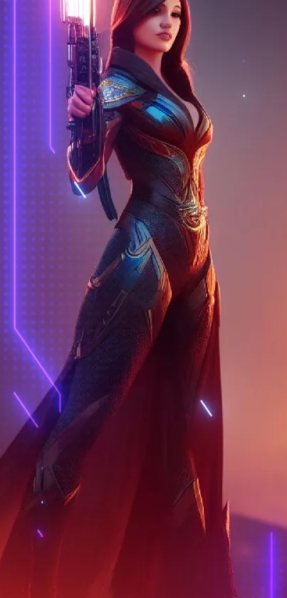 Futuristic warrior in vibrant orange setting.