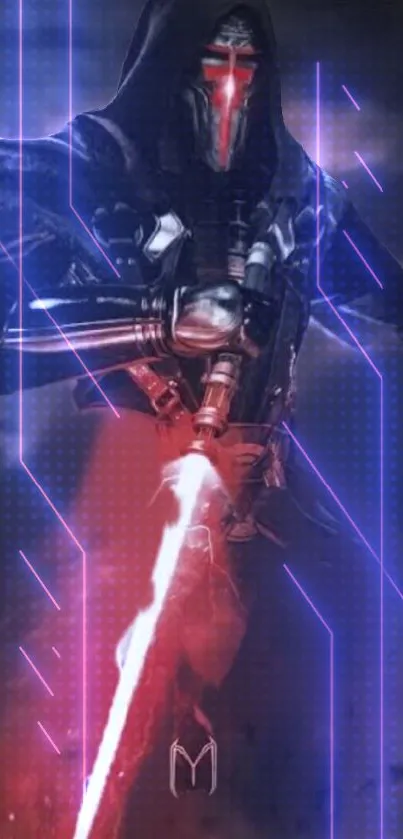 Futuristic warrior in neon-lit dark armor.