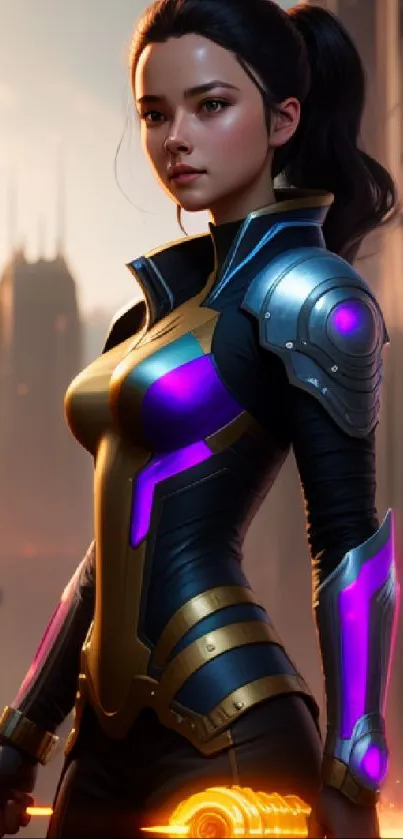 Futuristic female warrior in neon cityscape mobile wallpaper.