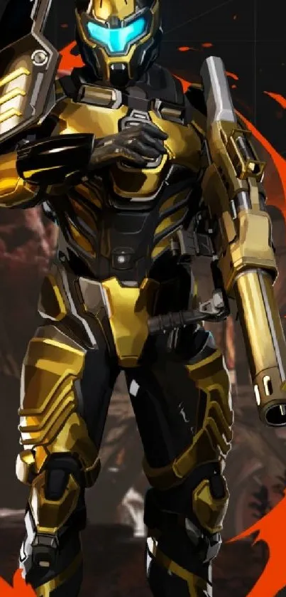 Futuristic warrior in gold armor holds a weapon on a vibrant red-black background.