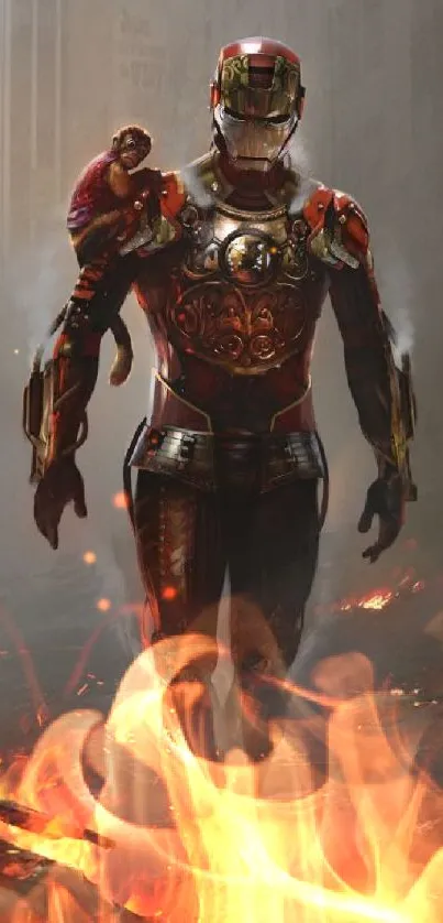 Futuristic warrior in glowing armor, surrounded by flames.