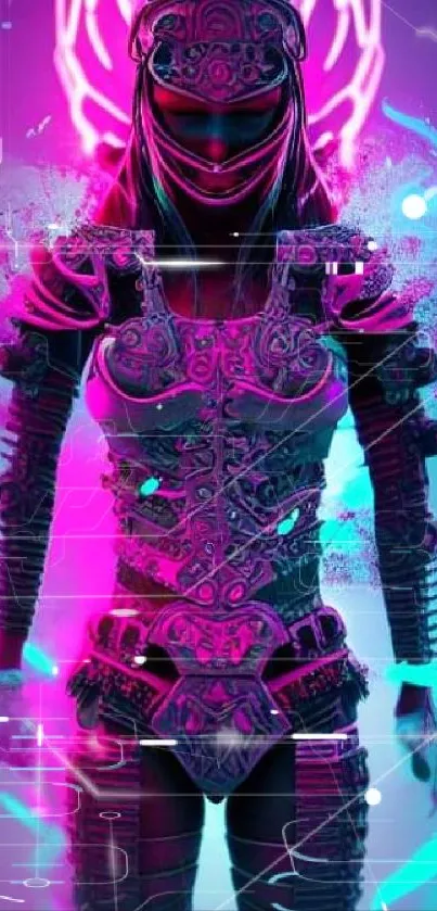 Futuristic neon warrior in vibrant armor.