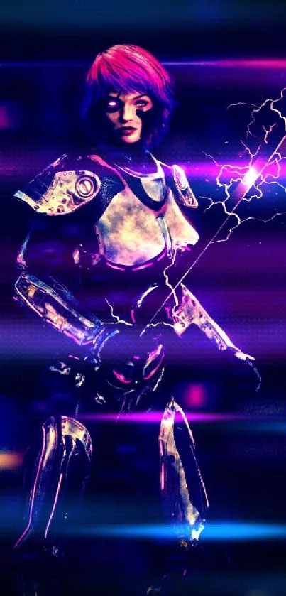 Neon futuristic warrior with electric sword in dark purple armor.