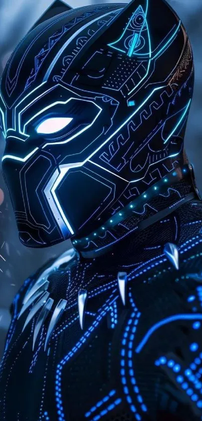 Futuristic warrior in neon blue armor with glowing details.